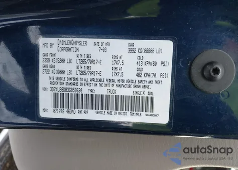 2003 Dodge Ram 2500 Slt/Laramie/St z USA, uszkodzony, nr VIN 3D7KU28D83G859620